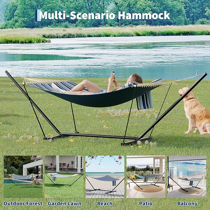 GarveeLife Outdoor Double Hammock with Heavy Duty Adjustable Steel Stand Portable 2 Person Hammock for Patio Garden Beach Backyard