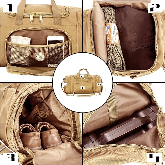 Military Tactical Outdoor Gym Bag Small Duffel Bag with Shoes Compartment for Sports Travel Camping Hunting (A-Tan)