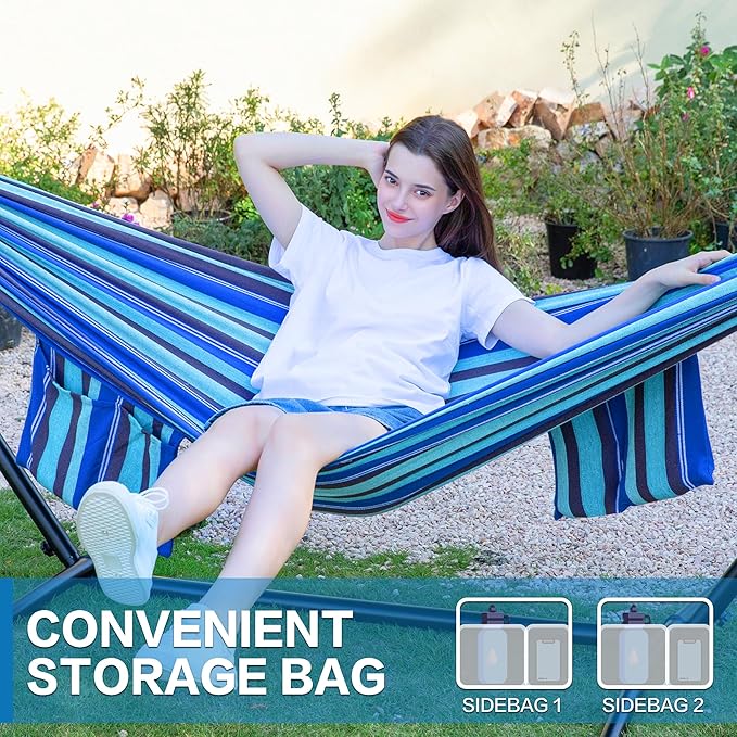 PNAEUT Double Hammocks with Stand for Outside Portable Space Saving Heavy-Duty Steel Stand for Indoor Outdoor Patio with Carrying Bag 450 lbs Capacity (Blue Lagoon)