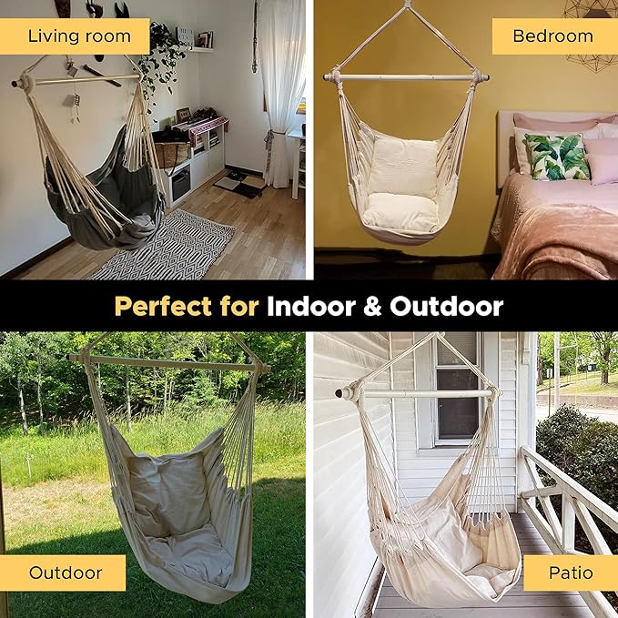ADVOKAIR Hammock Chair Hanging Chair Swing Large Indoor with Anti-Slip Steel Spread Bar and Pocket-Max 500lbs-2 Cushions Perfect for BedroomOutdoorPatio PorchBackyard…