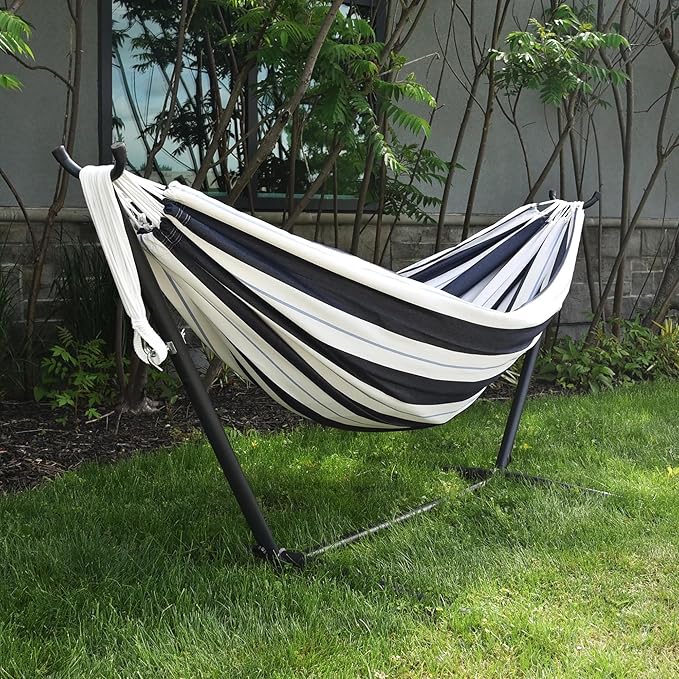 Vivere Double Sunbrella Hammock with Space-Saving Steel Stand Heavy-Duty Portable Outdoor Hammock Set for Backyard Patio or Travel Harbor