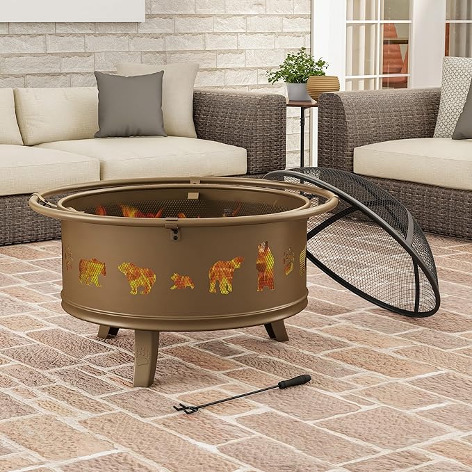 Pure Garden 50-LG1202 32” Outdoor Deep Fire Pit-Round Large Steel Bowl with Bear Cutouts Mesh Spark Screen Log Poker &amp Storage Cover-Patio Wood Burning Antique Gold
