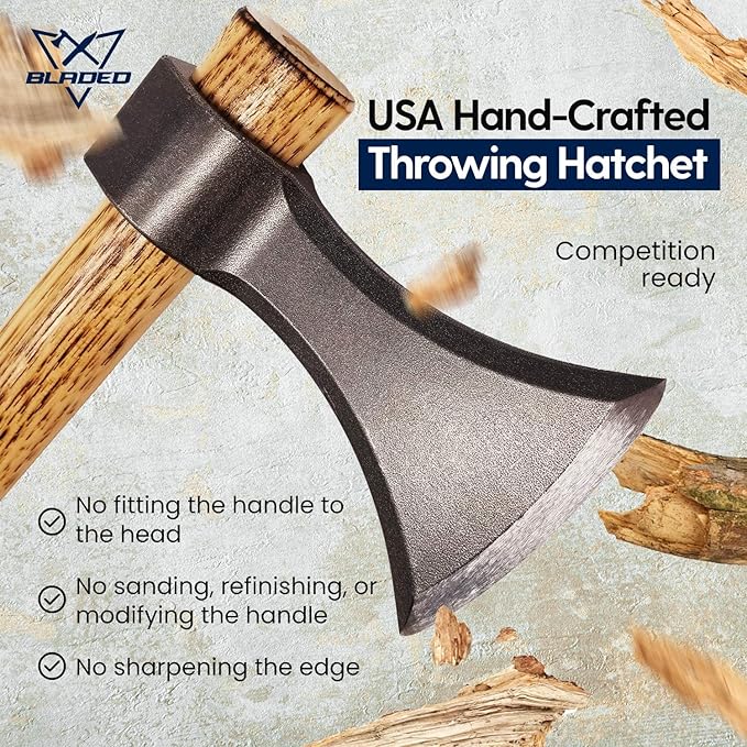 BLADED Throwing Hatchet w/Sheath - Made in USA Axe w/Forged 4140 Steel Head &amp 100% American Hickory Wood Handle - Small Competition &amp Survival Tomahawk - Kindling Camping &amp Chopping Metal