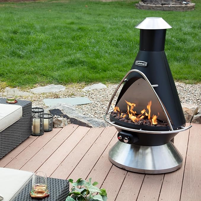 Cuisinart Chimenea Propane Fire Pit 40000 BTU Adjustable Gas Fire Pit for Patios Includes Lava Rocks Directional Heat Shield and Push to Start Ignition Perfect for Backyards Decks and Patios