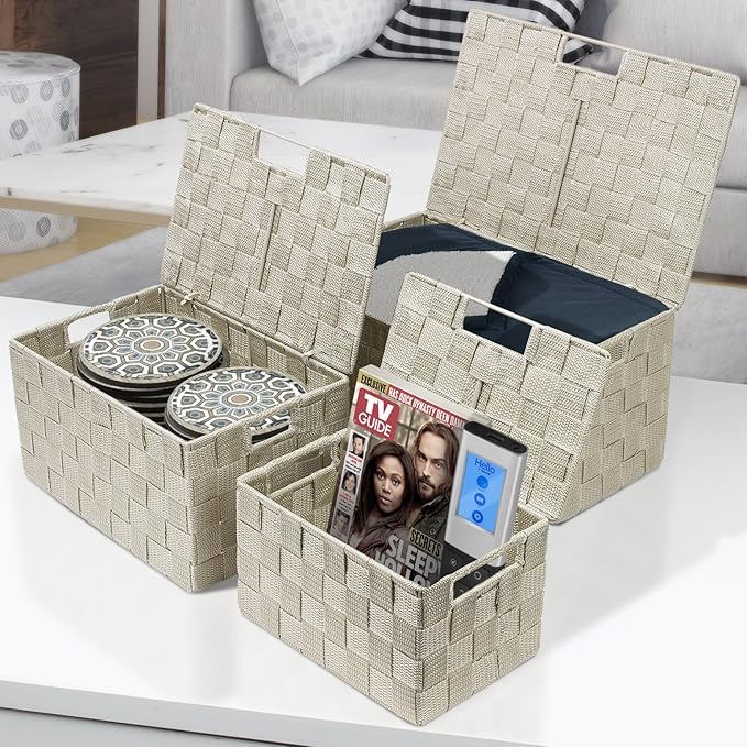 Sorbus Set of 3 Storage Baskets for Organizing with Lid – Mesh Hand-Woven Baskets for Closet Shelf &amp Home Storage (Beige Variety Pack)