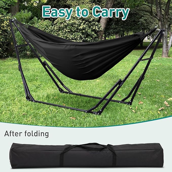 Ainfox Hammock with Foldable Stand 2 in 1 Hammock and Swinging Chair with Carrying Bag Portable Camping Chair Suitable for Outside SwingPatioGardenCamping Trip Black