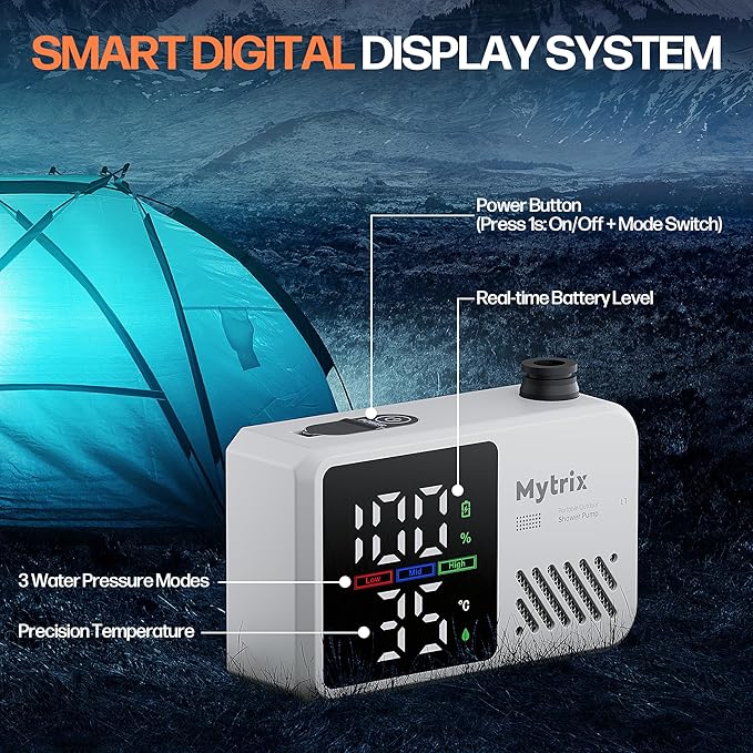 Mytrix Portable Camping Shower Pump with Foldable Bucket 10L/Min High Flow 7800mAh Rechargeable Battery 4 Spray Modes IPX8 Waterproof Outdoor Shower for Hiking Travel &amp Pets