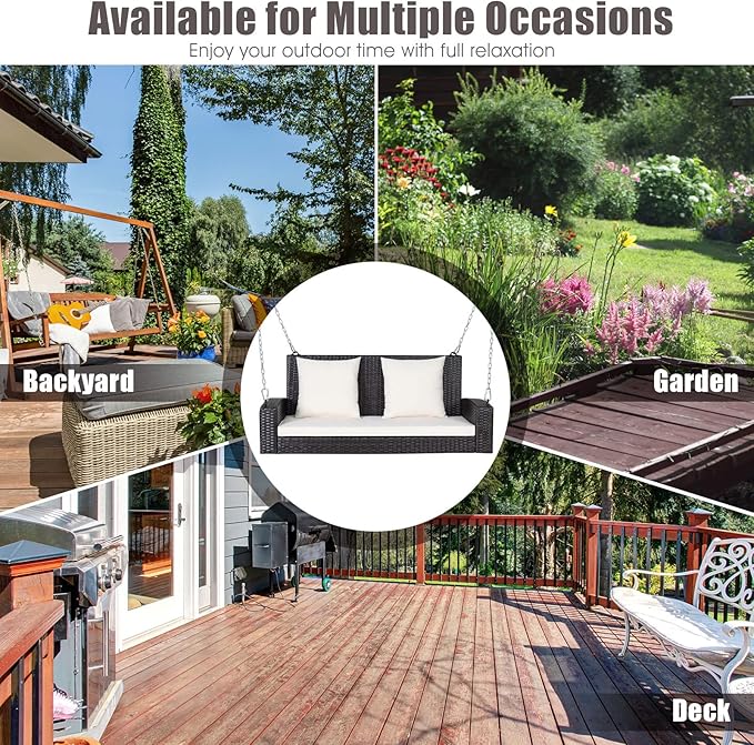 Tangkula 2-Person Wicker Porch Swing Patiojoy Outdoor Rattan Hanging Swing Bench W/ 2 Back Cushions &amp 1 Seat Cushion Sturdy Steel Chain 800lbs Weight Capacity