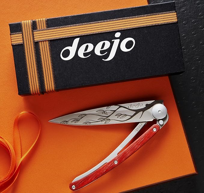 deejo - 27G Folding Pocket Knife with Belt Clip - Tree Design 2.95-Inch Stainless Steel Blade Coral Wood Handle - Lightweight Everyday Carry for Home Work and Outdoor Use