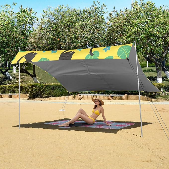 Cat Beach Canopy Sun Shelter with Sandbags &amp Sand Shovel &amp Windproof Ropes - Portable 110x126 Beach Shade Beach Tent for Camping Picnics