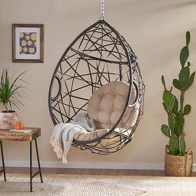 Christopher Knight Home Isaiah Indoor/Outdoor Wicker Tear Drop Hanging Chair (Stand Not Included) Multi-Brown and Tan