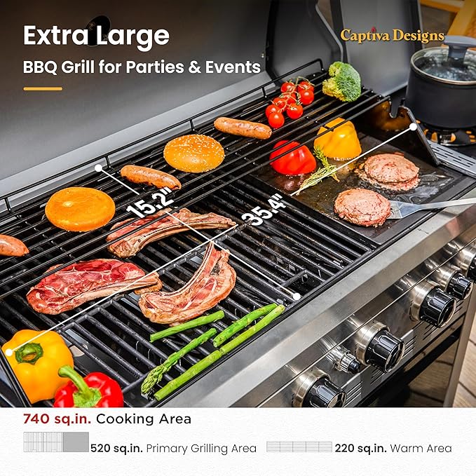 Captiva Designs 6-Burner Propane Gas BBQ Grill with Side Burner &amp Porcelain-Enameled Cast Iron Grate and Plate for Outdoor Barbucue Events 52000 BTU Output740 SQ.IN. Cooking AreaHeavy Duty