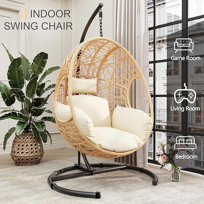 Oversized Hanging Egg Chair Set of 2 Outdoor Indoor Wicker Swing Egg Chair with Stand 400lbs Capacity for Bedroom Patio Garden and Balcony