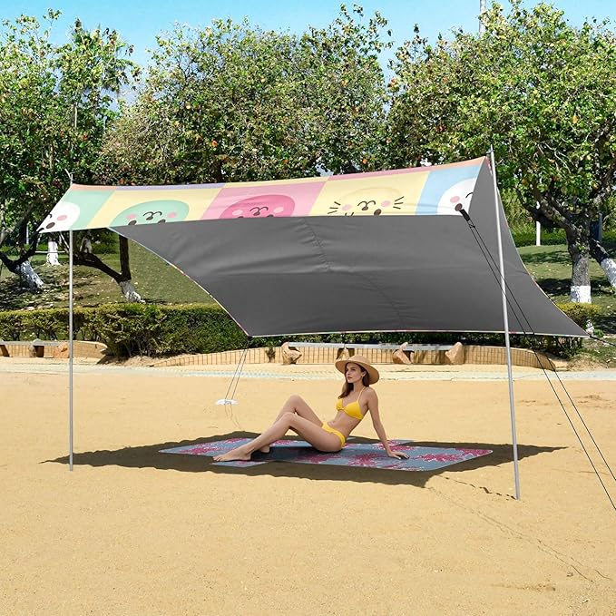Animal Beach Canopy Sun Shelter with Sandbags &amp Sand Shovel &amp Windproof Ropes - Portable 110x126 Beach Shade Beach Tent for Camping Picnics