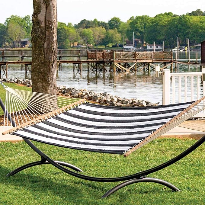 Hatteras Hammocks Large Cabana Classic Sunbrella Quilted Hammock – 13 ft. x 55 in. 2-Person 450 lb Capacity Cumaru Spreader Bar Zinc-Plated Hardware – Handcrafted in The USA
