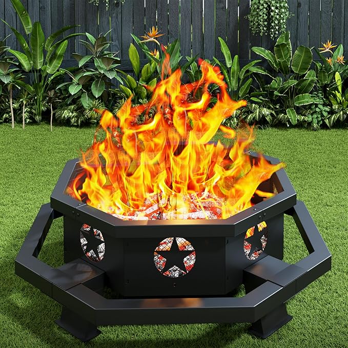 45 Inch Fire Pit for Outside Wood Burning Outdoor Octagonal Fire Pit with Poker Large Firepit for Camping Backyard Patio Black