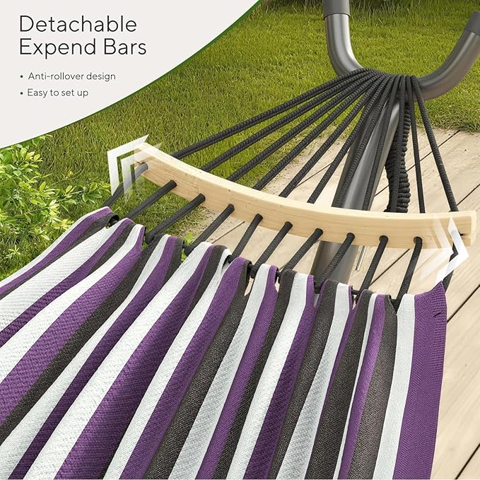 600lbs Hammock with Stand for Outside 2 Person Portable Hammock with Side Storage Carrying Bag Expend Wooden Bar for Outdoor or Indoor (Purple Black)