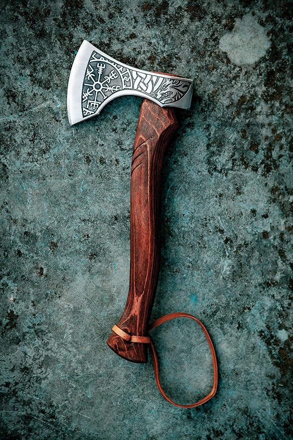 Fenrir &amp Vegvisir Camping Hatchet – Hand-Forged Tomahawk Axe with Premium Leather Sheath | Ideal for Camping Throwing &amp Outdoor Use