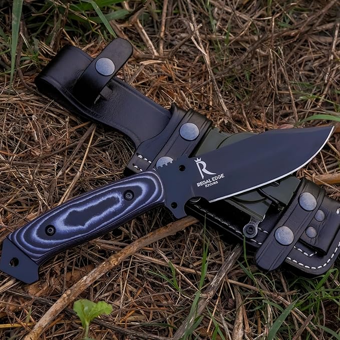 Fixed Blade Knife 10” Hunting Knife With Built-in Military Compass And Leather Sheath - G10 Handle Survival knives for Camping Hiking and Outdoor Use