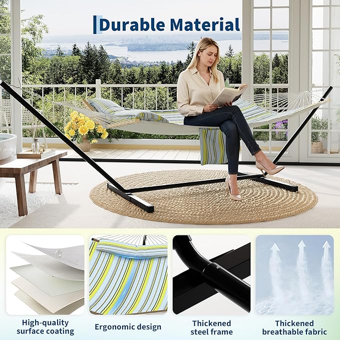 2 Person Double Hammock with Adjustable Steel Stand &amp Pillow Heavy Duty Portable Outdoor Hammock Set MAX 450 LBS Weight Capacity for Patio Garden Beach Backyard