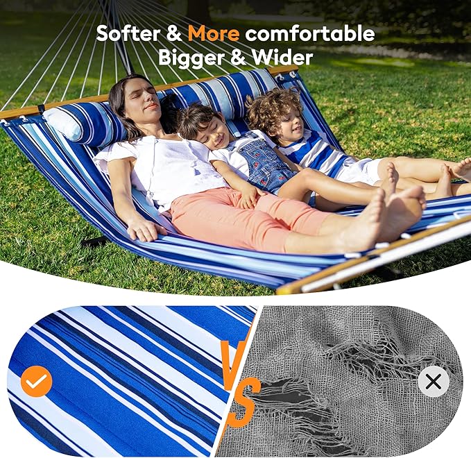 Double Hammock with Spreader BarSoft PillowMax Load 500lbsPortable Hammock for OutdoorCampingand BackyardAqua Blue