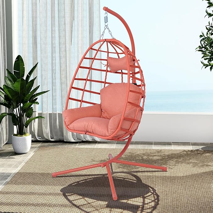 Hanging Egg Chair with Stand Outdoor Indoor Patio Rattan Swing Hammock Chairs with Washable Cushion 350lbs Capacity PE Wicker Swing Chair for Backyard Bedroom Garden (Orange + Orange Cushion)