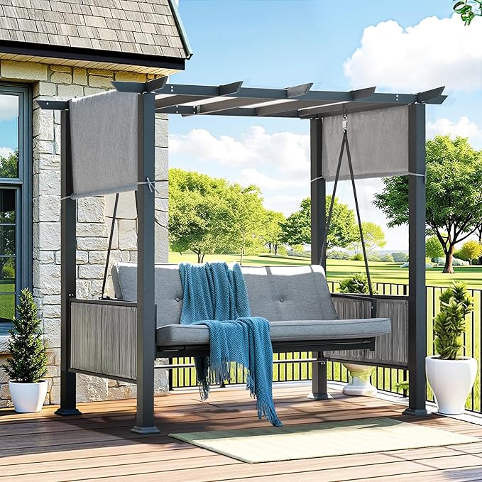 Pamapic 3-Seat Porch Swing with Stand 990 LBS 2 in 1 Convertible Bed Patio Swings with Canopy Adjustable Wicker Side Panel Swing Chair Outdoor with Cushion for Backyard Porch Garden (Gray)