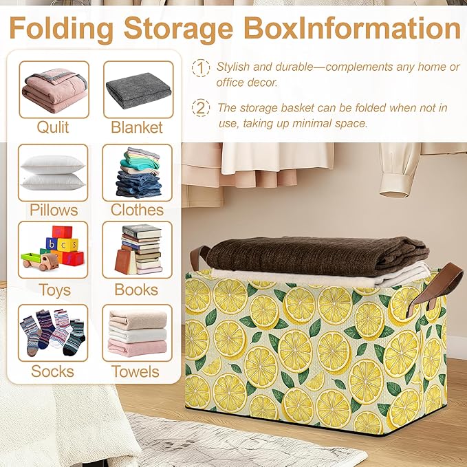 Lemon Storage Bin with Handles Basket Storage Organizer for Shelves Closet Nursery Book Laundry Hamper &amp Home Decor