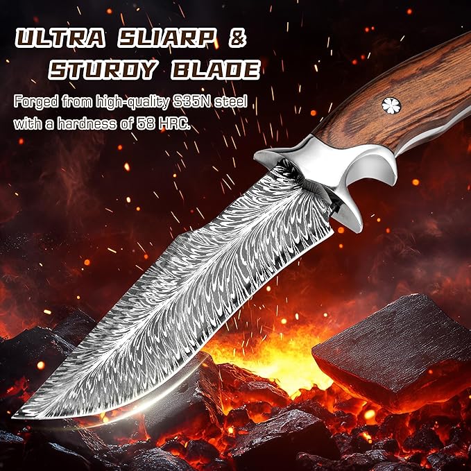 Hunting Knife with 4Cr13MoV Steel Blade &amp Wooden Handle - 10” Full Tang Fixed Blade for Outdoor Survival Camping BushcraftIncludes Leather Sheath