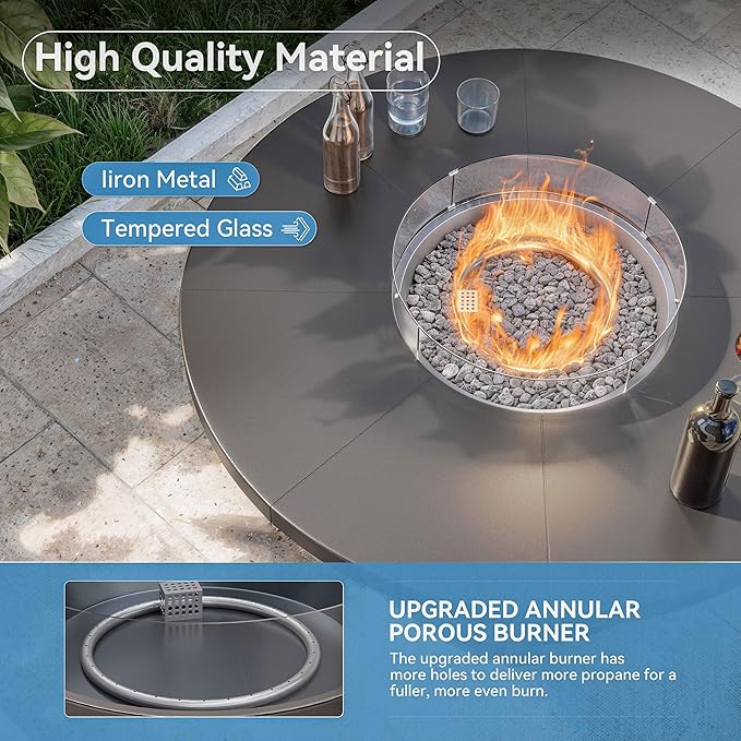 7 Piece Metal Outdoor Patio Furniture Set with 48/55000 BTU Round Fire Pit TableOutdoor Dining Table Set 6 Swivel Chairs No-Slip Cushions and Waterproof CoversNavy