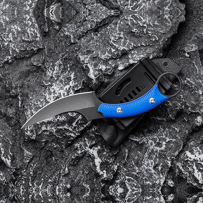 Fixed Blade Knife D2 Steel Blade and G10 Handle Utility Claw EDC Knife for Outdoor Survival Hiking Camping with Kydex Sheath OK1220 (Blue)
