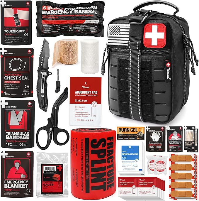 Survival First Aid Kit with Israeli Bandage Chest Seal Tourniquet Splint Tactical Military Combat Molle IFAK for Wound Care Bleeding Control Trauma Hemorrhage and More (Black)