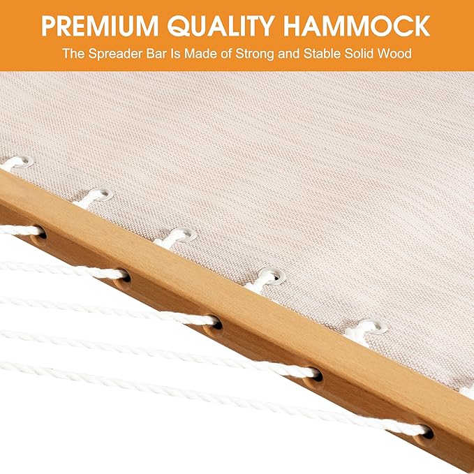 Lazy Daze Hammocks 11 FT Double Outside Hammock Quick Dry Olefin Fabric Hammock with Spreader Bar &amp Side Pocket for Outdoor Poolside Backyard 450 lbs Capacity Beige