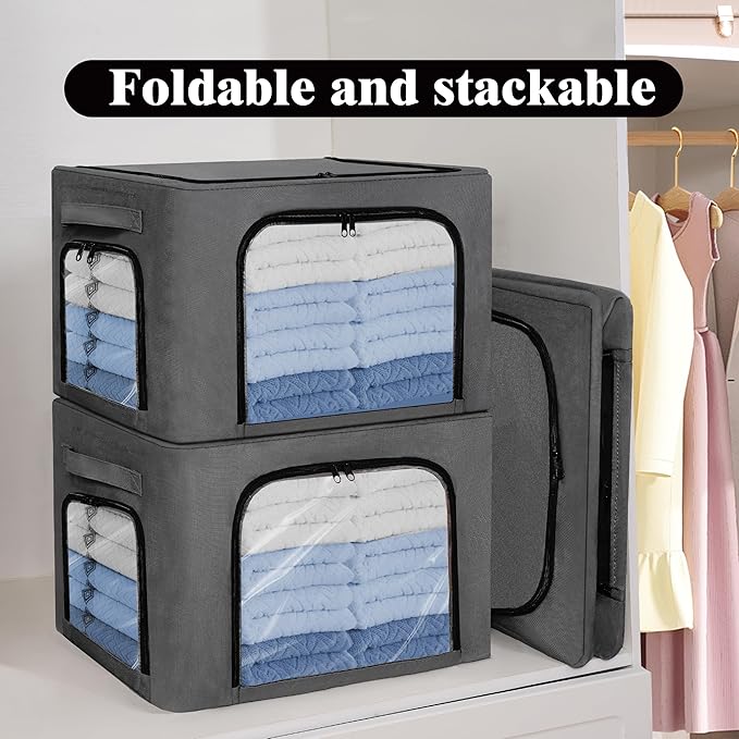 GuliPostan 3 Pack 40L Stackable Clothes Storage Bins with Metal Frame Handles &amp Zipper Collapsible Closet Organizer Box with Lid for Bedding Blankets Towel (Dark Grey)