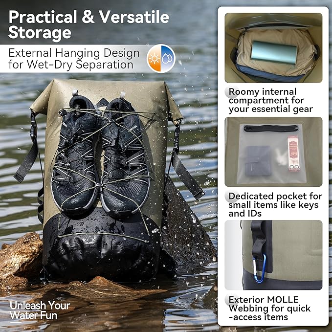 MARCHWAY Floating Roll Top Dry Bag Flexible Lightweight TPU Waterproof Backpack 20L/30L/40L with Padded Straps for Boating Kayaking Swimming Hiking Beach (Green 30L)