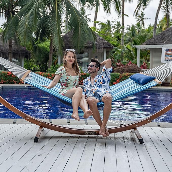 Lazy Daze Hammocks 12 FT Quilted Fabric Double Hammock with Spreader Bars and Detachable Pillow 450lbs Weight Capacity
