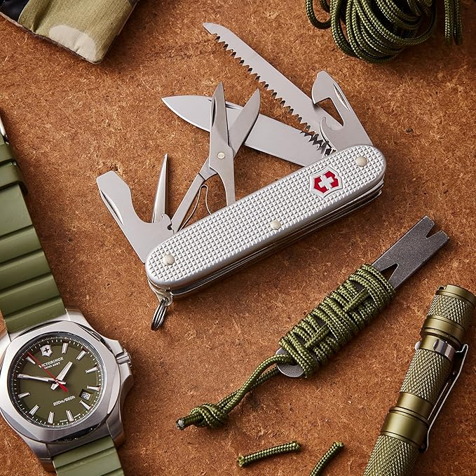 Victorinox Farmer X Alox Swiss Army Knife 10 Function Swiss Made Pocket Knife with Large Blade Wood Saw Bottle Opener and Reamer - Silver
