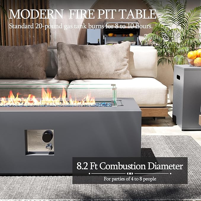 UPHA 42-inch Outdoor Propane Gas Fire Pit Table 50000 BTU Iron Rectangle Firepit for Outside Patio with Tank Hidden Table Wind Guard Removable Lid Blue Glass Rocks Rain Cover Grey
