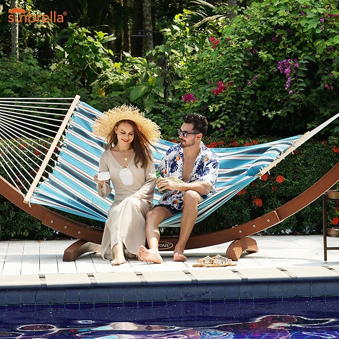 Lazy Daze Hammocks 12 FT Sunbrella Fabric Hammock not Fading with Spreader Bars and Free Pillow Fits for 2 Persons All Weather and Fade Resistant for Patio Yard 450 lbs Capacity Token Surfside