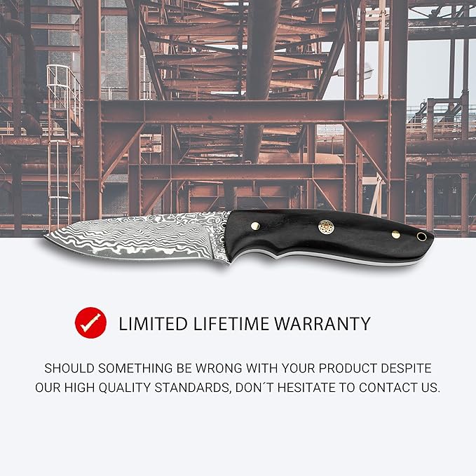 BOKER MAGNUM® Vernery Damascus Knife - Fixed Blade Hunting Knife with 67-Layer Damascus Blade – Ebony Wood Handle – Includes Black Leather Sheath