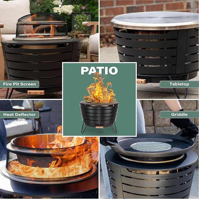 TIKI Patio Smokeless Outdoor Fire Pit 25-Inch Wood-Burning Bonfire with Removable Ash Pan Stand and Weather-Resistant Cover