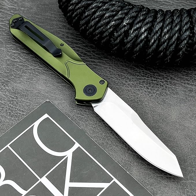 7.7 EDC Folding Knife with D2 Steel Blade Green Aluminum Handle Pocket Knife with Reversible Clip for Outdoor Camping Fishing。