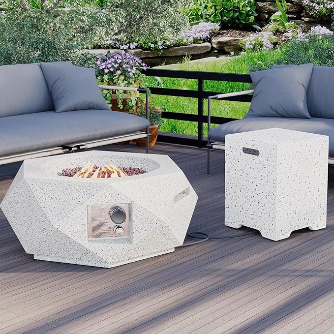 HOMPUS Hexagon Fire Pit Table Outdoor Propane Fire Pit Table w Free Lava Rocks &amp Rain Cover Terrazzo Colorful Fire Pit w Tank Cover Table for Patio Outside