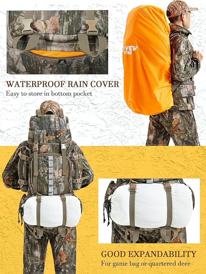 NEW VIEW Hunting Backpack for Men 80L Camo Bag for Deer Elk Waterproof Daypack with Rain Cover &amp Frame