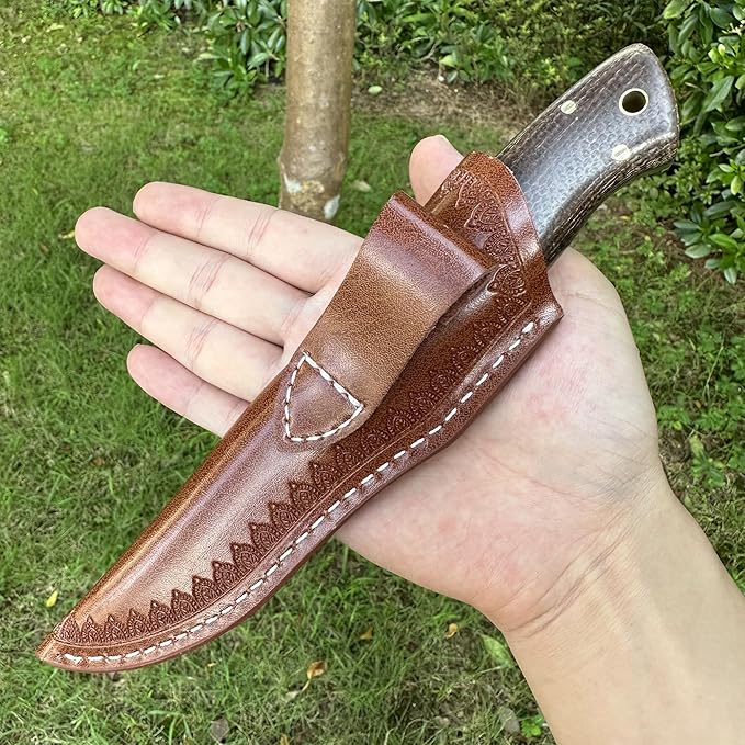 Fixed Blade Knife with Leather 3.54 D2 Steel Survival Knives for Camping Bushcraft Hunting Ergonomic Flax Handle Outdoor Survival Gear Gift for Men