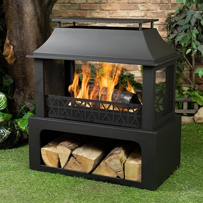 36 Rectangular Steel Outdoor Wood Burning Fireplace - Outdoor Fireplace with Adjustable Cooking Grill &amp Log Storage Compartment - Camping Fire Place with Safety Screen and Poker