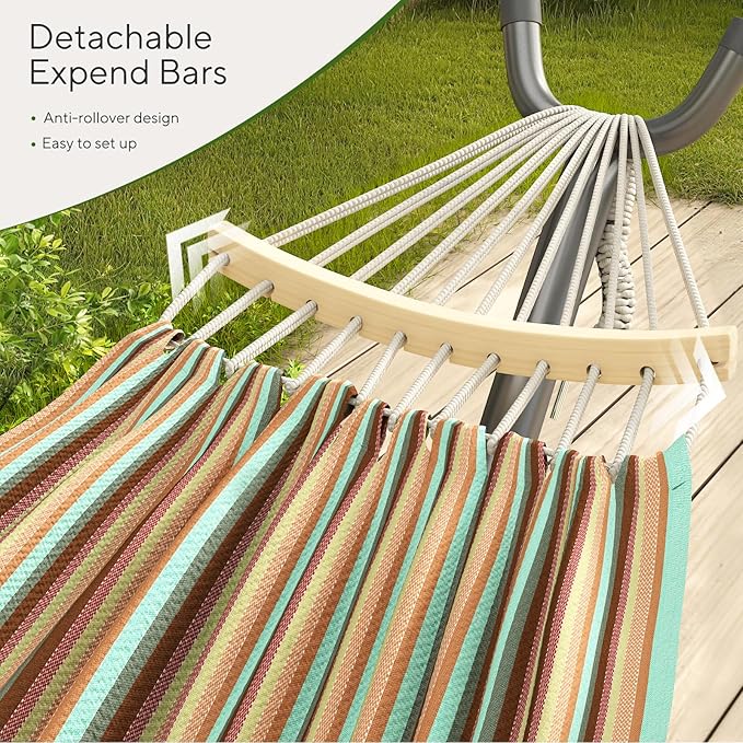 600lbs Hammock with Stand for Outside 2 Person Portable Hammock with Side Storage Carrying Bag Expend Wooden Bar for Outdoor or Indoor (Dark Rainbow)