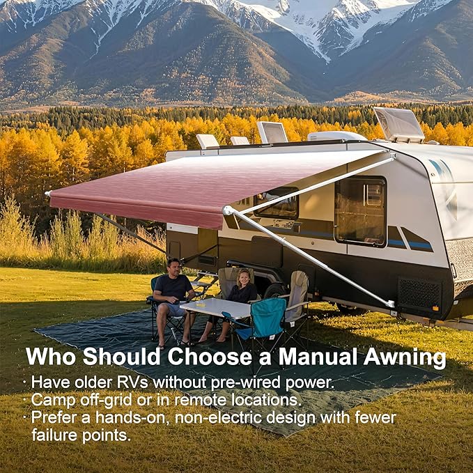 Suncode RV Awning for RVCamper&ampTravel Trailers–Manual RV Awning Complete KitManual Camper AwningRV Roll Out Awning– 13x8Ft – White Frame &ampBurgundy Fade