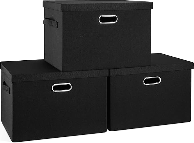Graciadeco Large 17 36 Quart Collapsible Stackable Storage Bins with Lids 3 Packs Black Linen Fabric Closet Boxes with Lids Storage Cube Baskets Container Organizers for Bedroom Office(17 x12 x11)