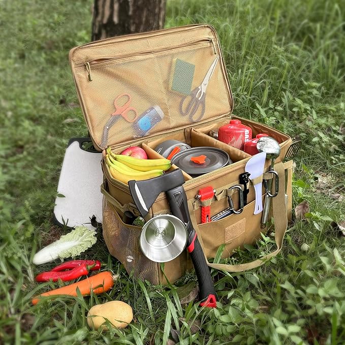 Tactical Camping Storage Bag Utility Tote Bag Camping Kitchen Organizer with Axe Holder &amp Shoulder Strap